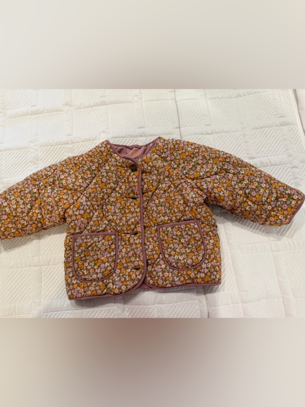 Zara Floral Quilted Puffer Jacket - Brown with Pink Trim